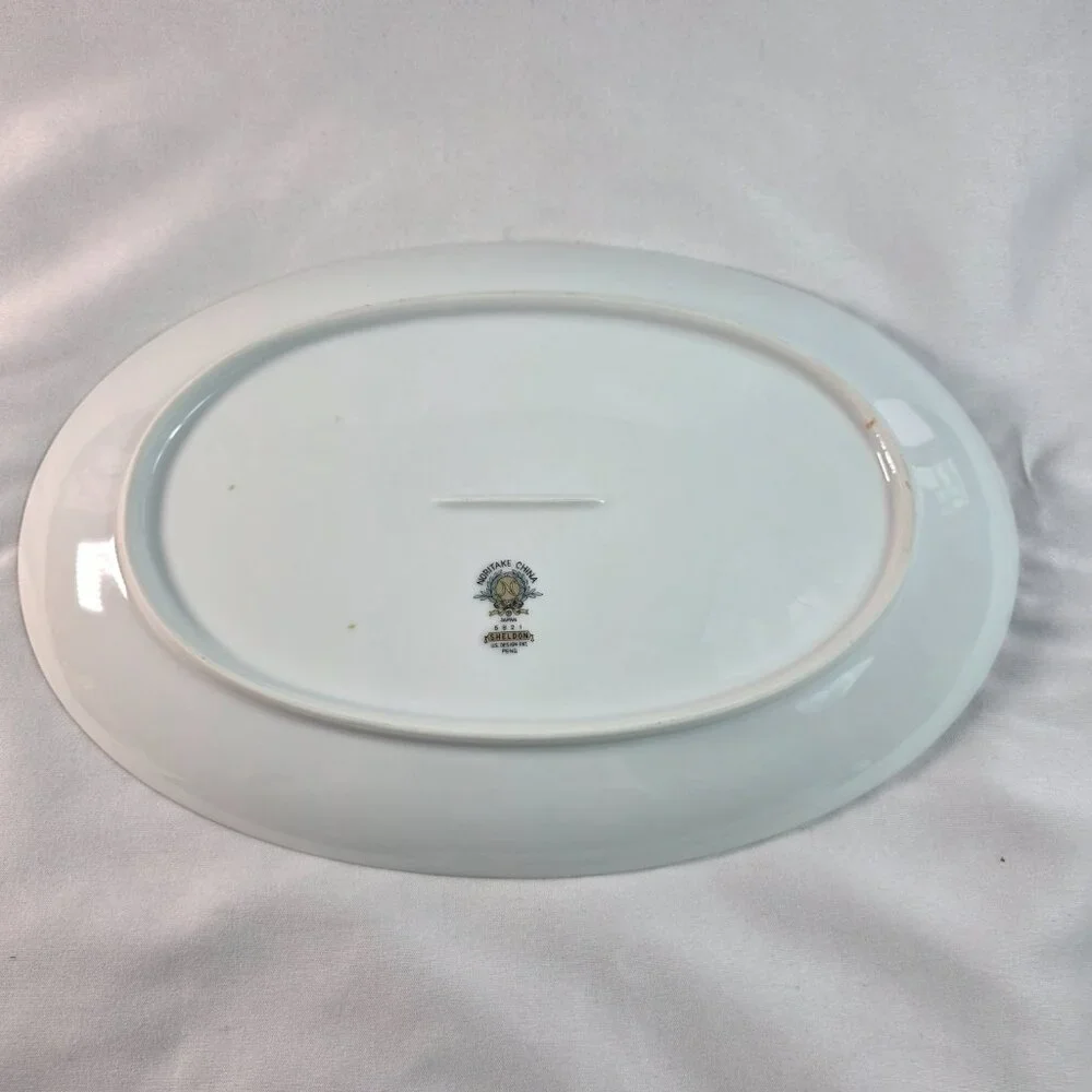 Noritake Sheldon Serving Platter 12 Inch White with Aqua Band and White Flowers